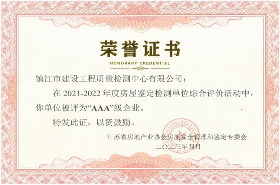 检测中心获江苏省房地产业协会房屋检测鉴定单位“AAA”级荣誉